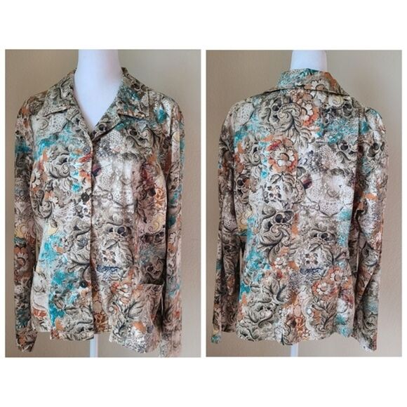 Chicos Floral Jacket 1 / Medium Cotton Spandex Button Up Collar Long Sleeve - Picture 1 of 13